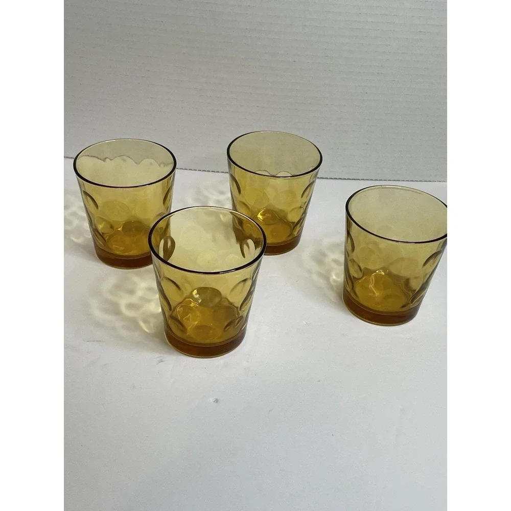 Amber Thumbprint Glass Drinking Tumbler Juice Set Of 4 Vintage 3